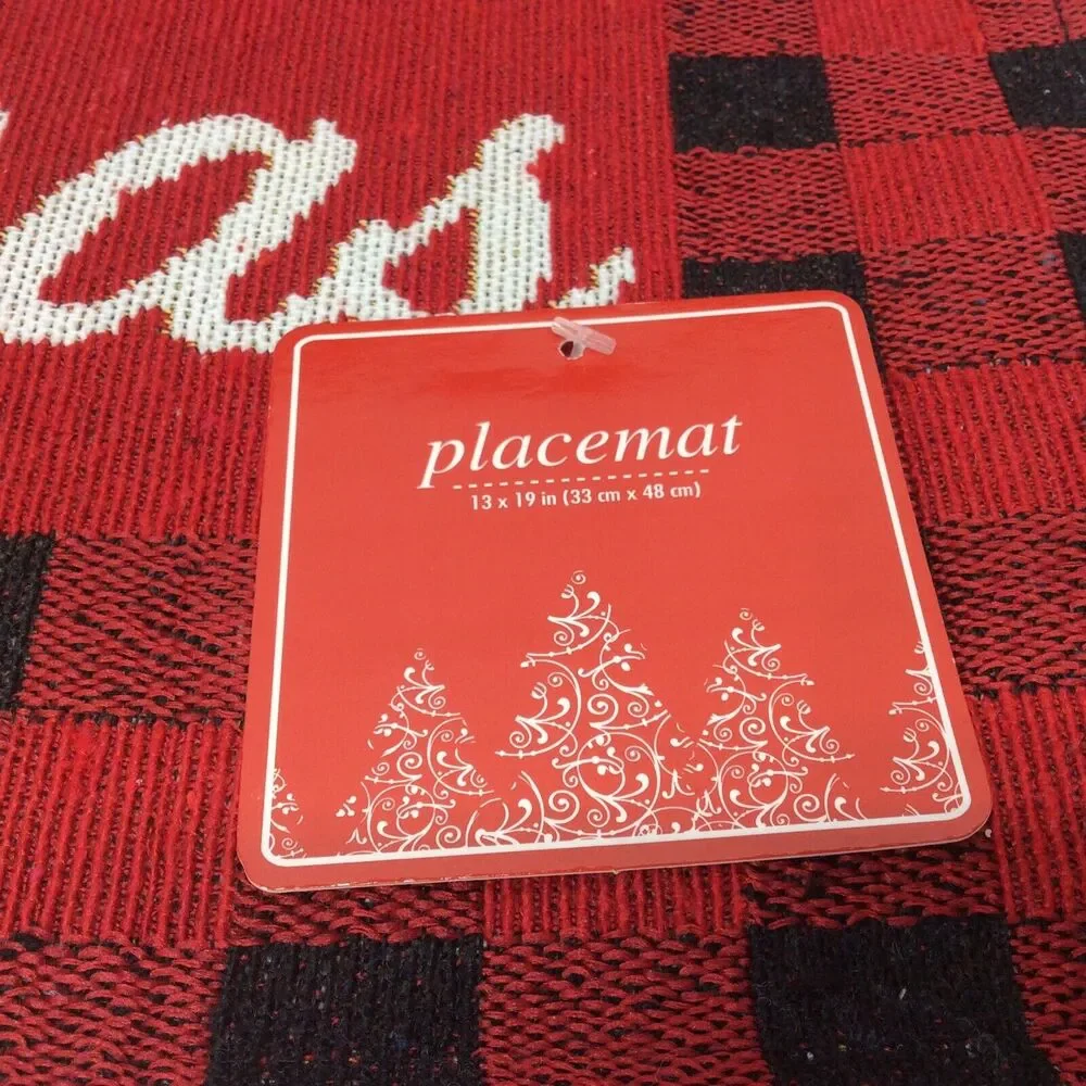Merry Christmas Tapestry Placemats Set of 6 Red/Black Buffalo Check Farmhouse